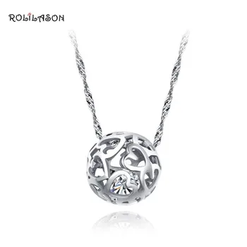 

ROLILASON 925 Pure sterling silver lucky round Topaz Hollow necklace pendant shining for gifts