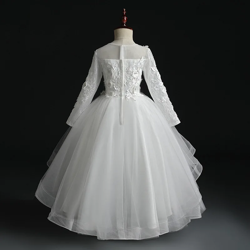 Dresses of Bride Fellow Kids Women's Children Wedding Dress Girls Princess Skirt Long-sleeved White Puffy Yarn Small Host Piano