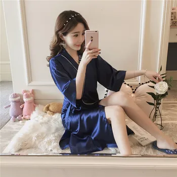 

Summer Embroidery Robe For Women Three Quarter Sleeve Silk Like Sexy Nightdress Autumn Japanese Style Sleepwear