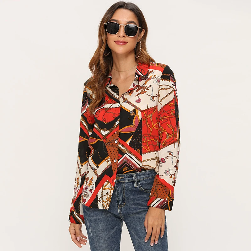 

Women Chain Print Blouses 2019 Loose Casual Long Sleeve Office Shirt Leisure Turn Down Collar Plus Size Tunic Tops Haut Femme