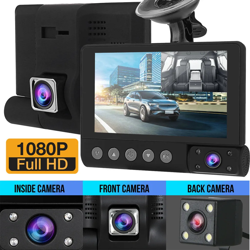 Full HD 1080P Автомобильный видеорегистратор Камера авто 4 дюйма зеркало заднего вида цифровой видеорегистратор 3 объектива регистратор видеокамера