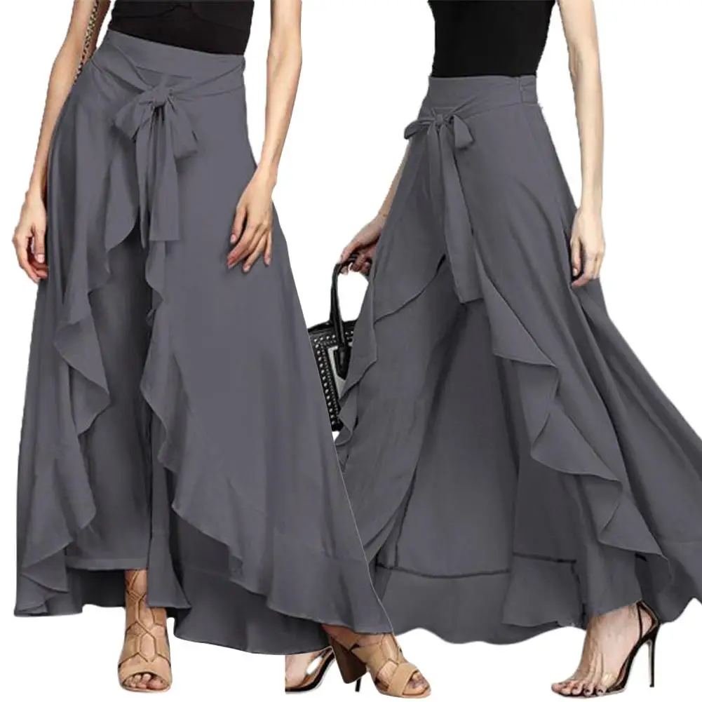 Юбка в стиле бохо для женщин досуг Одноцветный галстук талия Нерегулярные гофрированные палаццо брюки макси юбки юбка с высоком