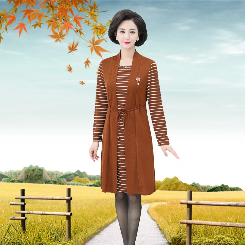 

Middle-aged WOMEN'S Apparels Autumn Clothing Fashion Knit Base Dress Middle-aged Mom Mid-length Mock Two-Piece Elegant Skirt