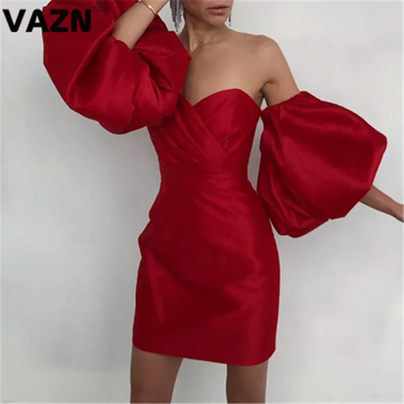 VAZN Chic весеннее сексуальное женское красное черное однотонное мини-платье с рукавом-фонариком и вырезом лодочкой, платье для молодых девушек, специальное праздничное платье