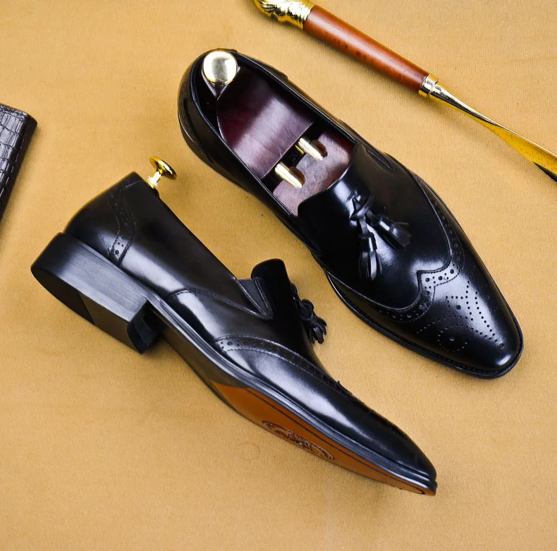 QYFCIOUFU/обувь с перфорацией типа «броги»; мужские оксфорды с кисточками; итальянская Роскошная брендовая мужская модельная обувь ручной работы в винтажном стиле в стиле ретро для офиса, свадьбы, вечеринки