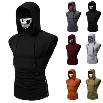 

Men Clothing Mask Skull Hoodie Men Sweatshirt Hood Streetwear Pure Color Motorcycle Face Pullover Sleeveless Hooded Men's Tops