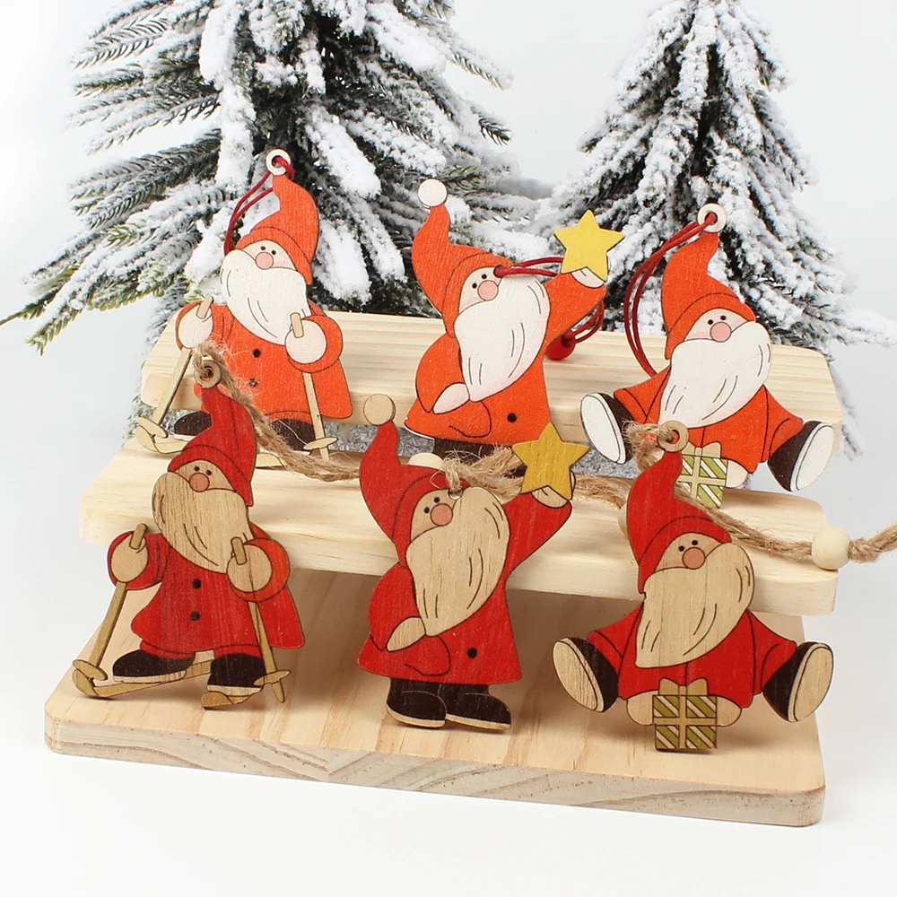 HUADODO 3Pcs Santa Claus Christmas Pendants Ornaments Wooden Craft for Christmas Tree Hanging Party decoration Kids toys