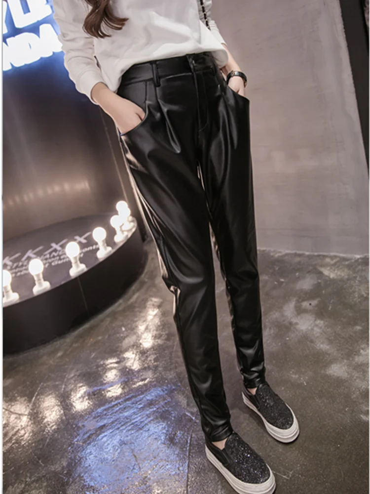 JUJULAND женские штаны шаровары из искусственной кожи зимние теплые свободные