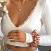 Women Sexy Slim Lace Spliced Backless Bandage T-shirts Long sleeve Deep V Neck Casual Pullover Cropped Club Tee top Size S M L ► Photo 3/6