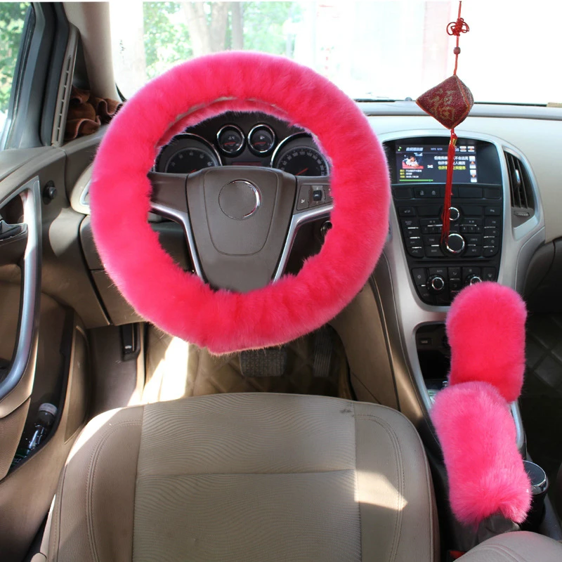 Universal Car Steering Covers Winter Plush Car Steering-Wheel Cover Faux fur Hand Brake Gear Cover Set Car Interior Accessories