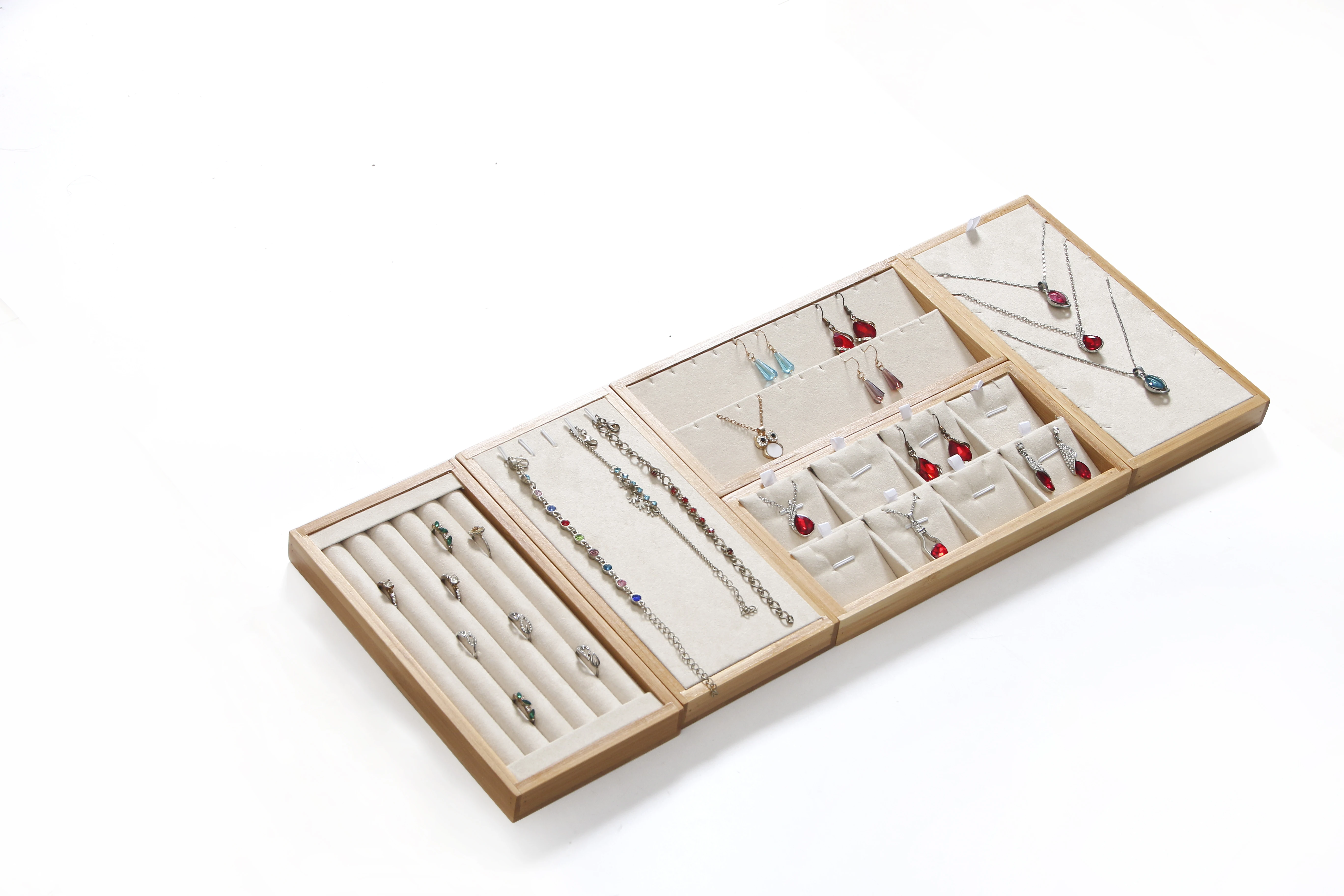 Gray 5pcs/Set Bamboo Jewelry Display Tray Ring Box Earrings Necklaces Bracelets Pendants Display Organizer Jewelry Storage