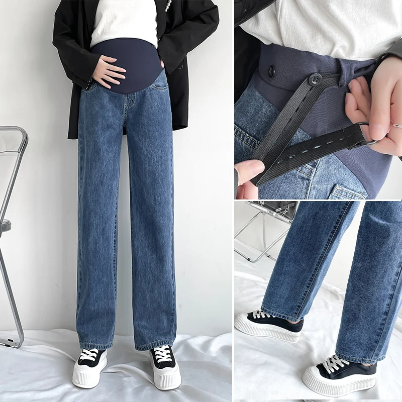 

8995# Wide Leg Loose Straight Denim Maternity Long Jeans Elastic Waist Belly Pants Clothes for Pregnant Women Chic Ins Pregnancy