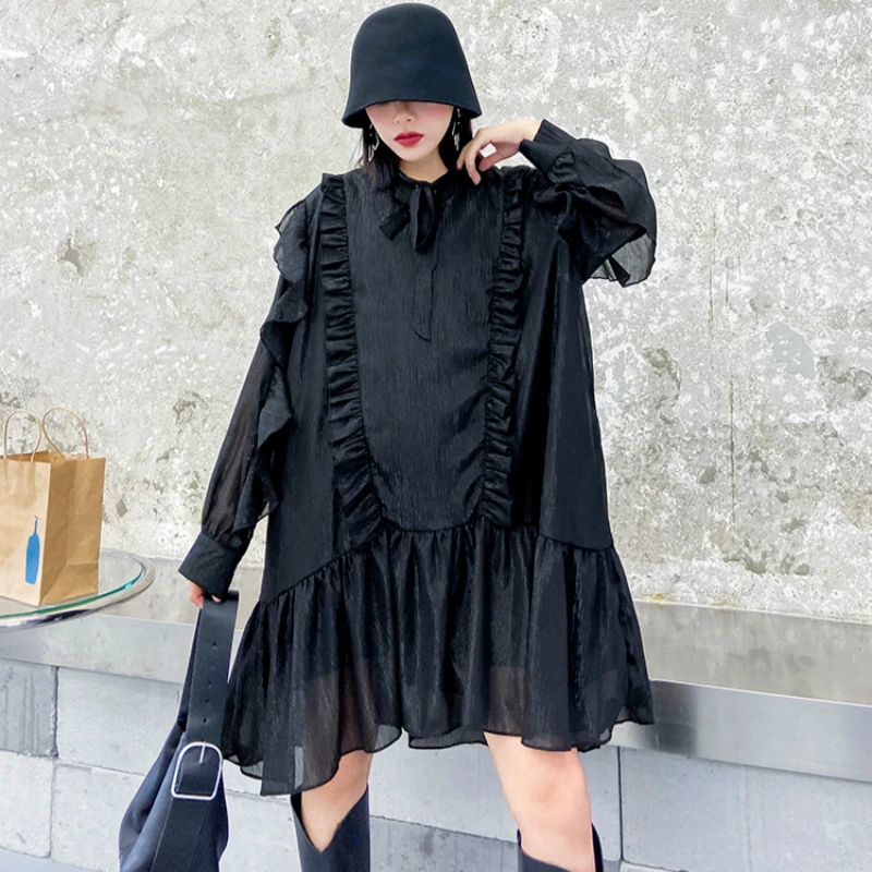 

Women Black Ruffles Split Big Size Dress New Stand Collar Long Sleeve Loose Fit Flounce Lace Fashion Tide Spring Summer 2020 New