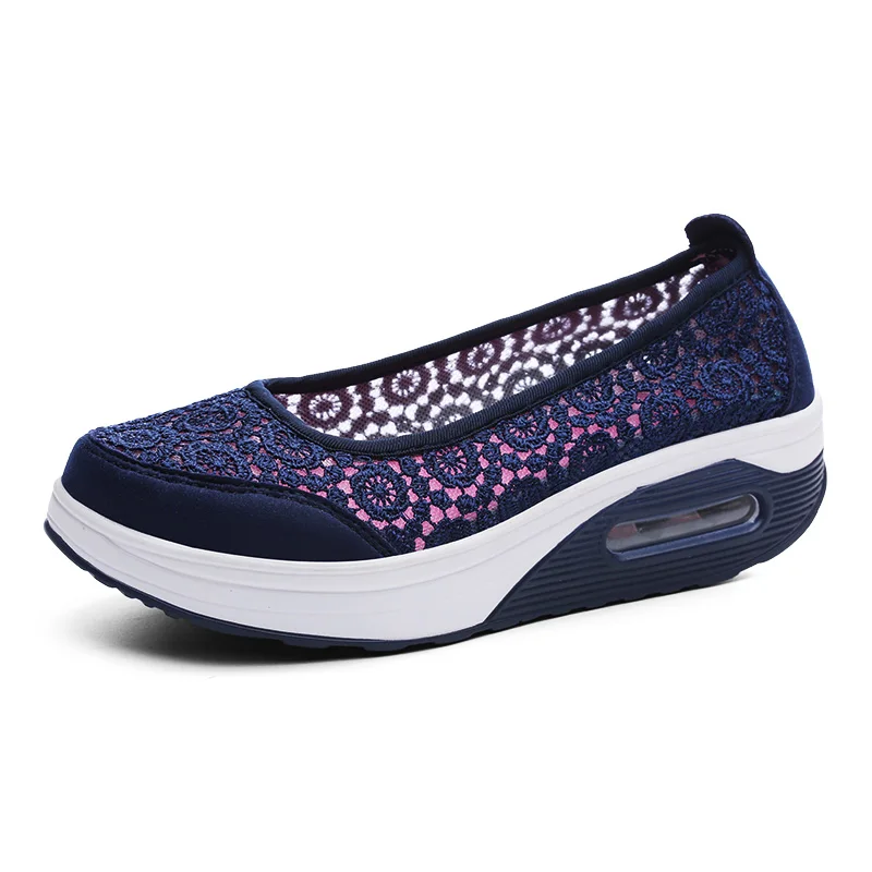 navy blue Ngouxm/Летняя женская обувь на платформе; женская повседневная обувь на плоской подошве с закрытым носком; удобная кружевная обувь черного цвета - Цвет: navy blue