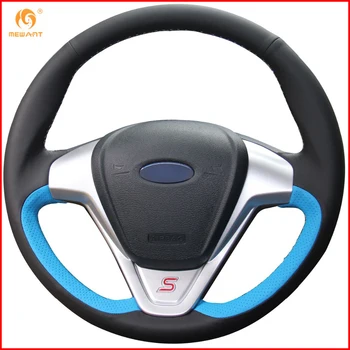 

MEWANT Light Blue Black Genuine Leather Car Steering Wheel Cover for Ford Fiesta 2008-2013 Ecosport 2013-2016 Accessories Parts