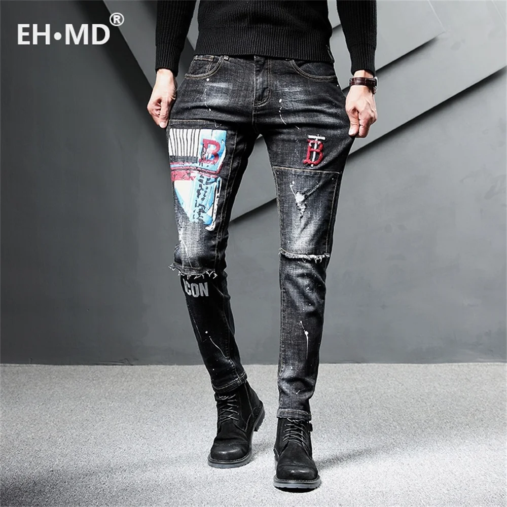 

EH · MD® 2020 New Hole Printed Letter Jeans Men's Embroidery Splash Ink Soft Casual Loose Cotton Elastic Trousers Patch Red Ears