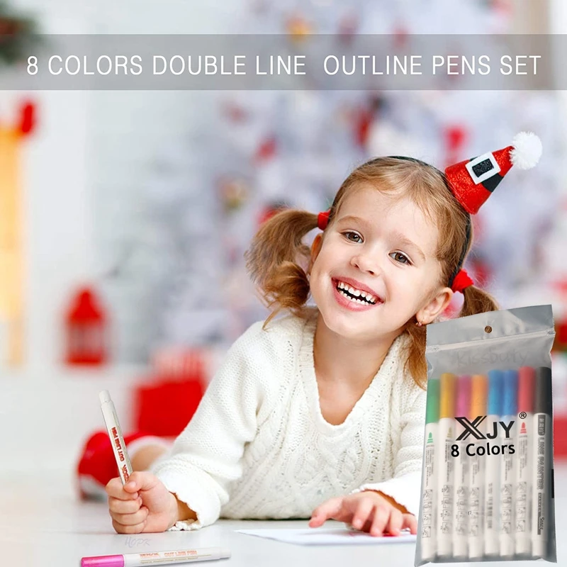 Metallic-Marker, Umrissstifte, 8 Farben, Double-Out-Line-Farbstift, Permanentmarker für Weihnachtskarten, Fels, Keramik – Detail 2