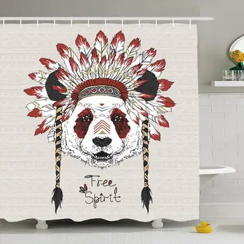 

Shower Curtain Set with Hooks 66x72 Hand Drawn Funny Animal Panda Cherokee Animals Indian Tribal Detail Wildlife Vintage