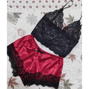 

2Pcs Women's Sexy Vest Shorts Lingerie Set Spaghetti Straps Pajamas Sleepwear Pajamas Lace Bra Split Two-piece Underwear Nightdr