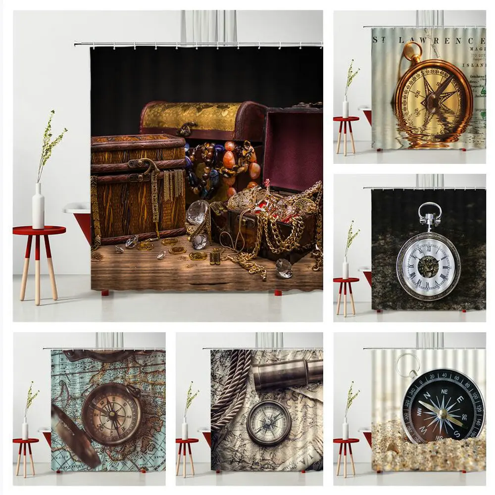 

Compass Shower Curtain Set Treasure Compass Nautical Telescope Household Bathtub Decoration Bathroom Decoration Fabric Curtain