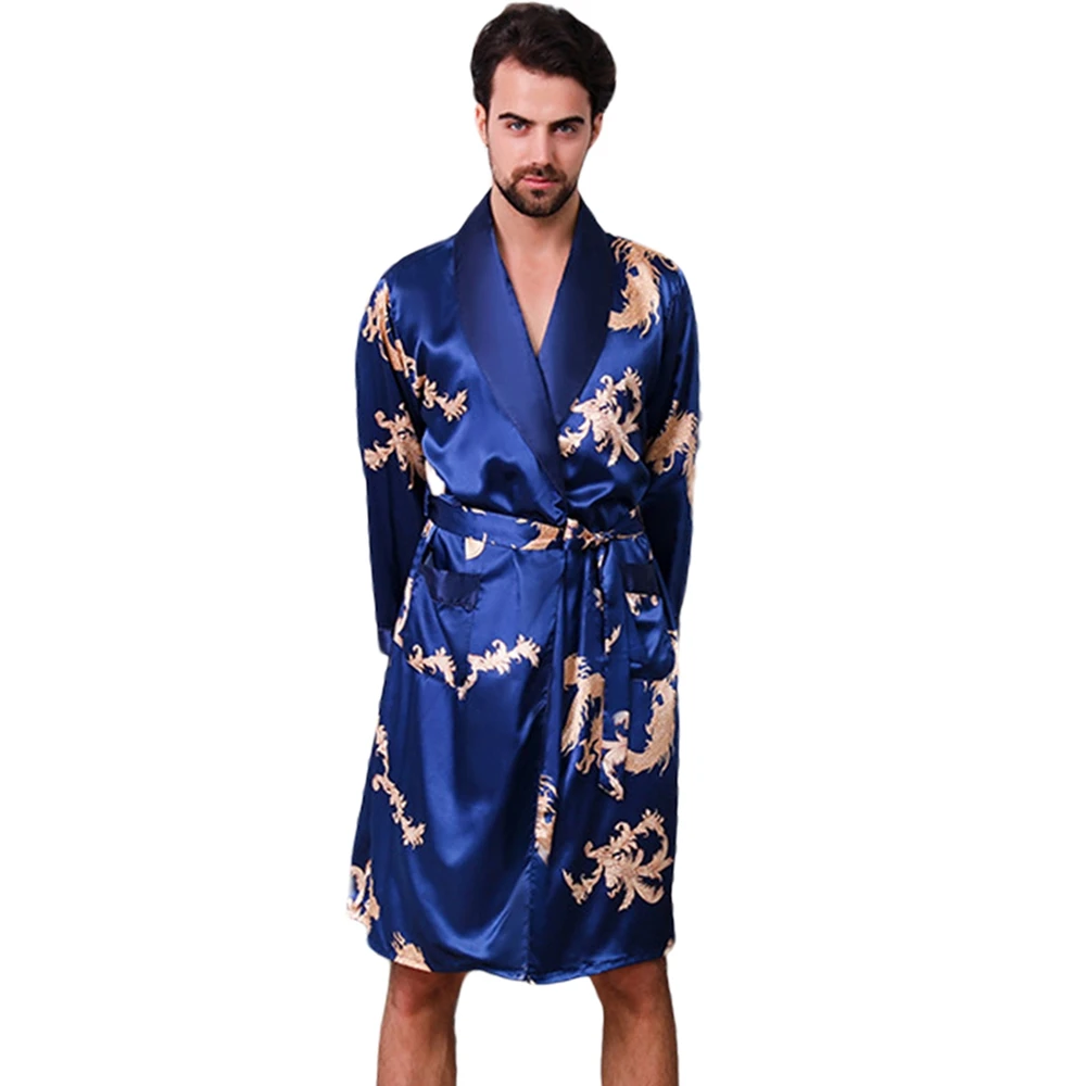 Men Silk Satin Kimono Bathrobe Golden Dragon Knee Length Long Sleeve
