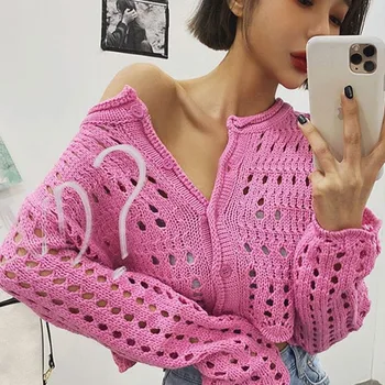 

Woman Cardigans Hollow Out Knitted Crop Top Long Sleeve Outwear Ice-silk Women Casual Tops