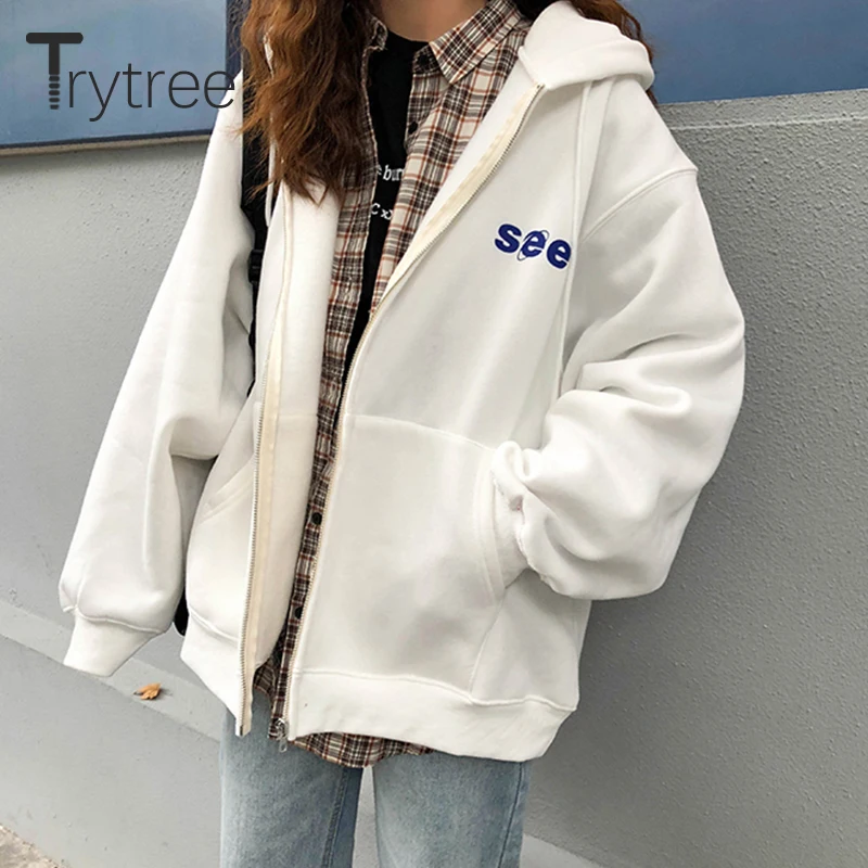 Trytree осенне-зимнее женское повседневное пальто с капюшоном на молнии, 8 цветов, с карманами, с буквенным принтом, модное свободное универсальное стильное пальто