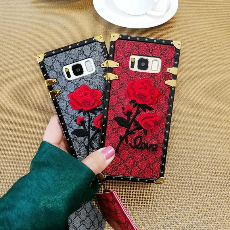 For Samsung Galaxy S10 S9 S8 Plus Note 9 A50 A70 Square Back Cover 3D Embroidery Rose Flower Phone Case Luxury Metal Rivet Frame