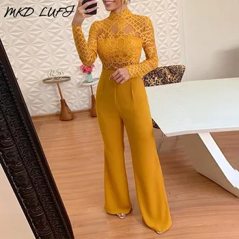 

Sexy Lace Bodice Insert Bell-Bottom Mock Neck Rompers Women Jumpsuit Long Sleeve Casual One Piece Overalls Jumpsuits