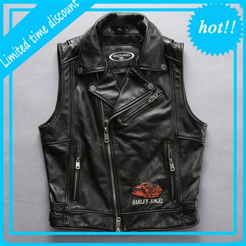 

2020 Motorcycle top cowhide leather vest men large size short slim street vest top quality brand genuine leather vintage vest
