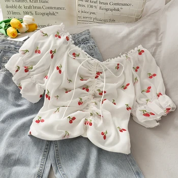 

zipper printed women blouse summer new v-neck puff sleeved short high waist lady elegant pulls tops
