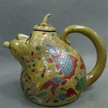 

Collection Chinese Jingdezhen Porcelain Yellow Background Pink Color Fish And Algae Pattern Teapot Household Decoration Gift
