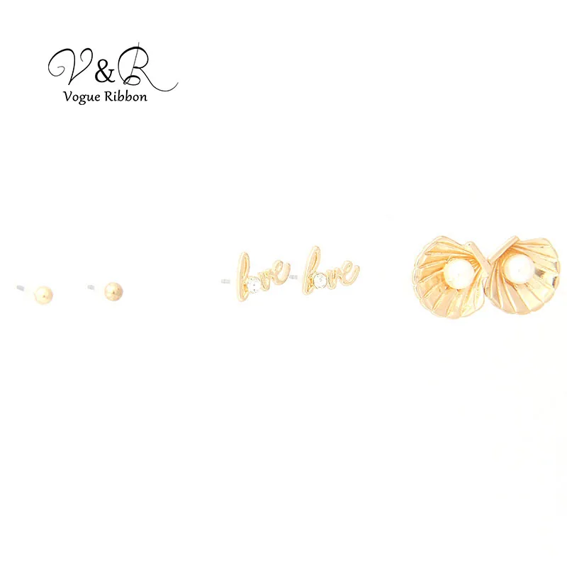 3 pairs a set stud earring, imitation gold plated, 1 pair gold color ball stud, 1 pair love letter with rhinestone, 1 pair metal (3)