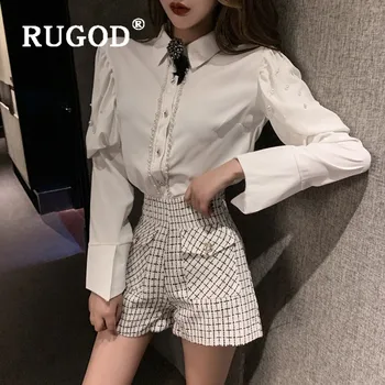 

RUGOD fashion vintage beading shirt women elegant single breasted puff sleeve spring blouse royal style office lady shirt blusas