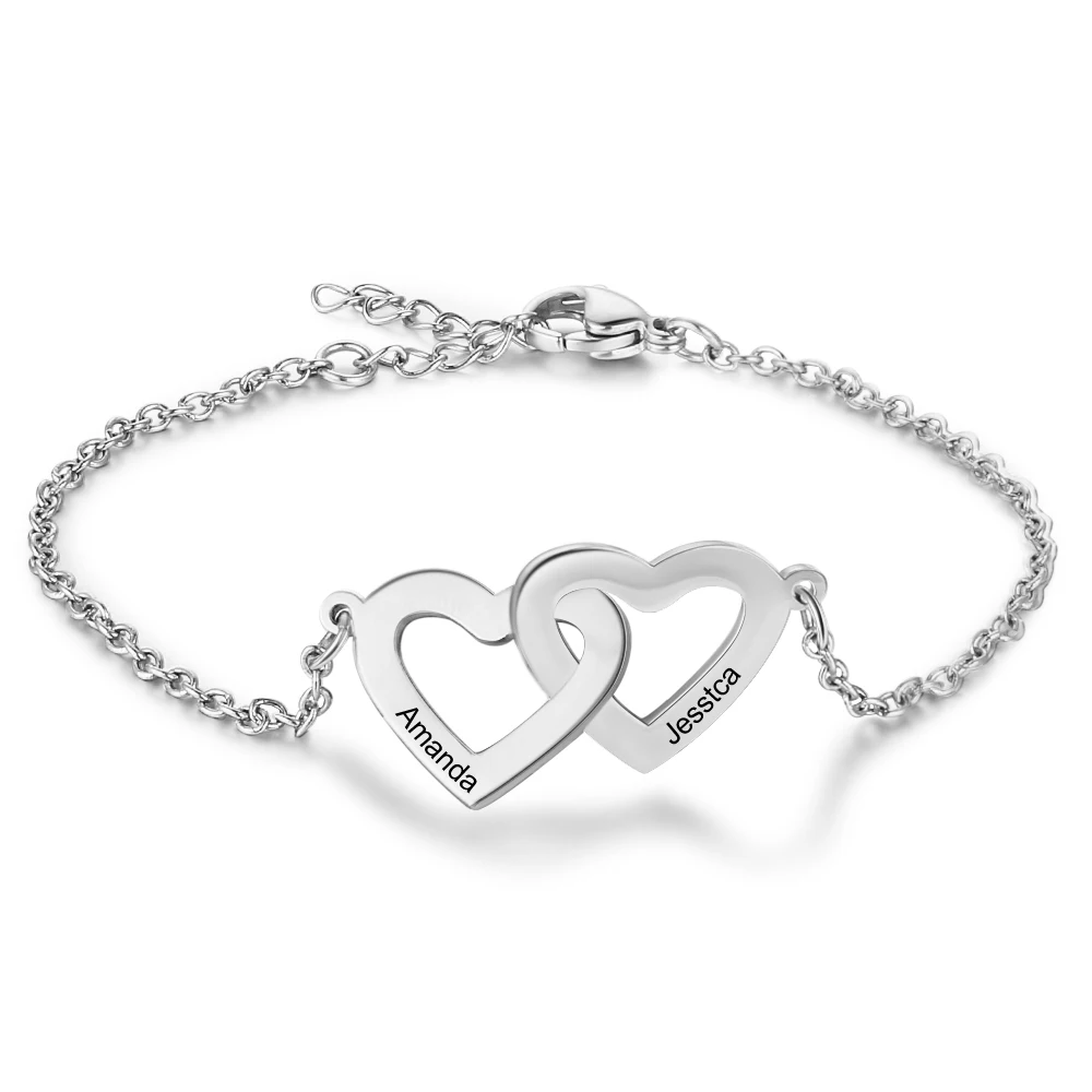 

Personalized Bracelets Fashion Stainless Steel Jewelry Heart Shape Custom 2 Names Charm Link Bracelets Promised Gift for Women