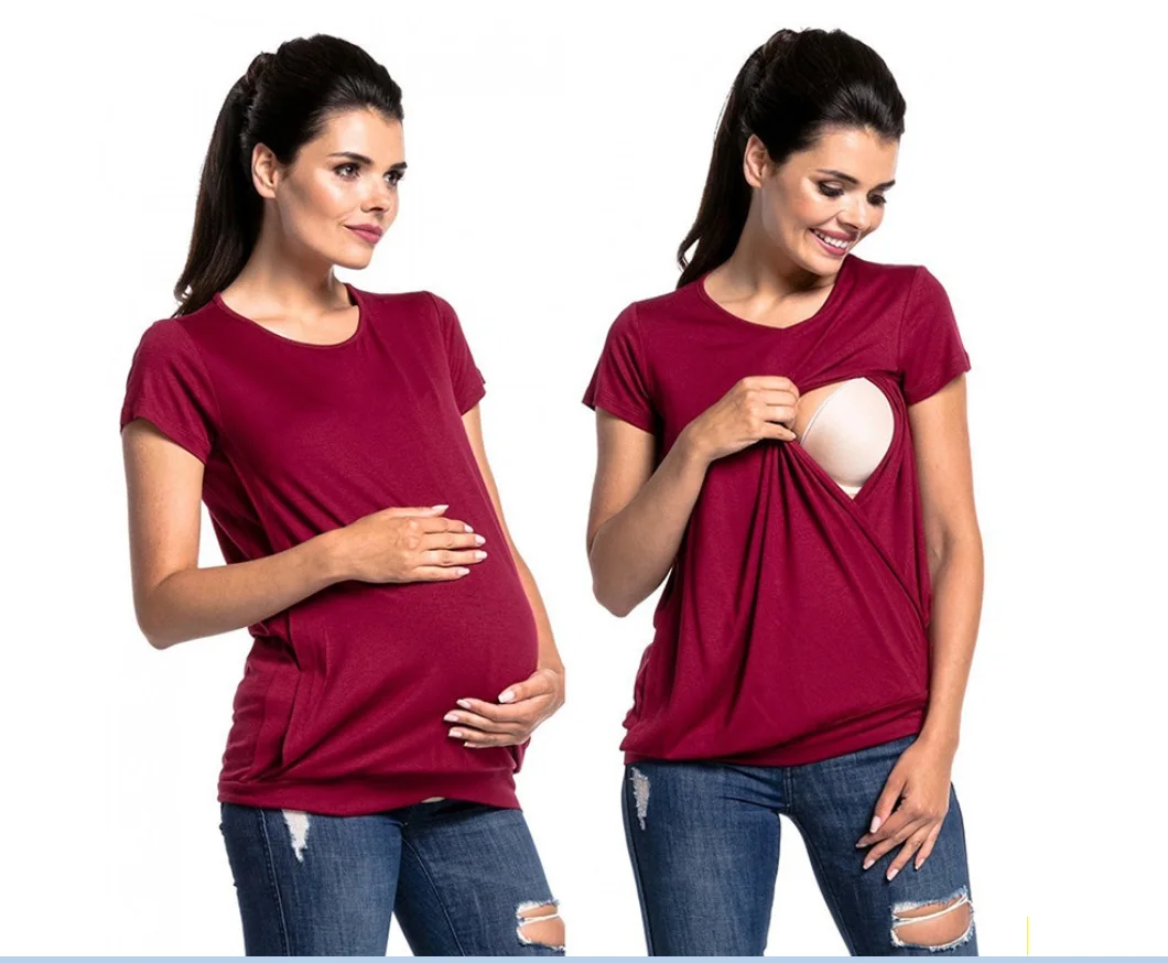 Модная женская блузка для беременных с коротким рукавом, однотонная свободная повседневная женская одежда, топы, одежда для кормящих, рубашка - Цвет: Зеленый
