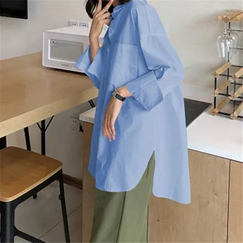 

2020 shirt fashion white blouse lapel casual solid color long-sleeved button asymmetric blouse ladies loose shirt S-5XL