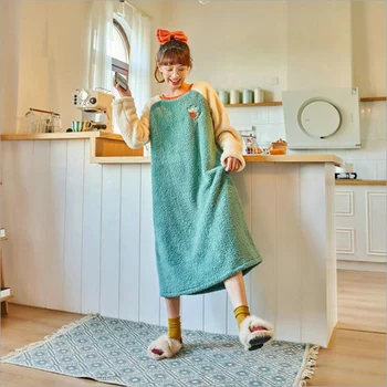 

Plus Size Women Winter thicken Leisure home clothes Simple Round-Neck Full Sleeves Coral Fleece Nightgown Girls Sweet Sleepdress