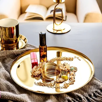 

Metal Gold Jewelry Tray Decoration Nordic Round/Oval Fruit Dessert Round/Oval Wedding Serving Rolling Trays Salad Western Plate