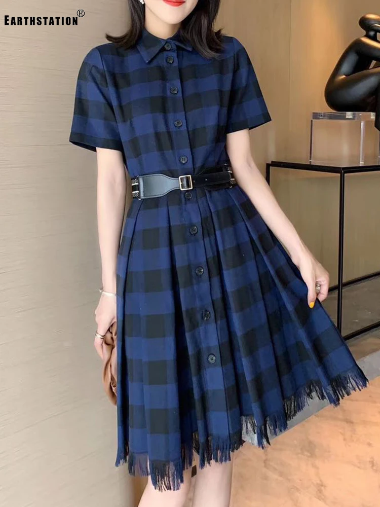 Женское однобортное платье в клетку свободное клетчатое стиле ретро с отложным