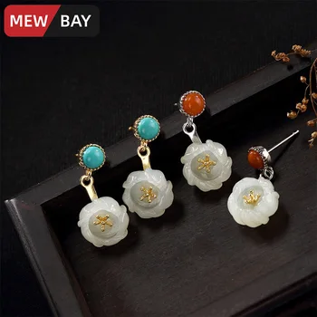 

S925 Sterling Silver Jewelry Nephrite Jade Earrings South Red Agate Turquoise Eardrops Plum Blossom Women Chinoiserie Fashion