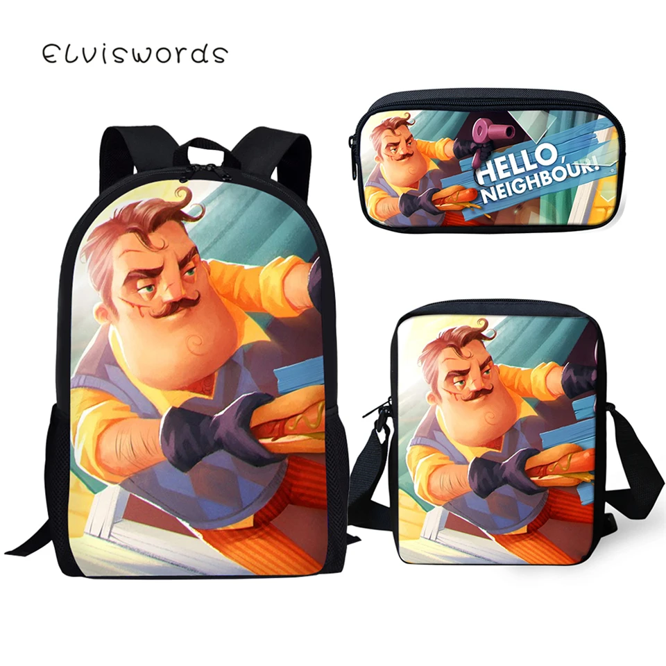 ELVISWORDS детский школьный рюкзак Hello Neighbor с печатным рисунком школьные сумки для книг с персонажами из мультфильмов для маленьких животных, комплект одежды из 3 предметов студенческие сумки