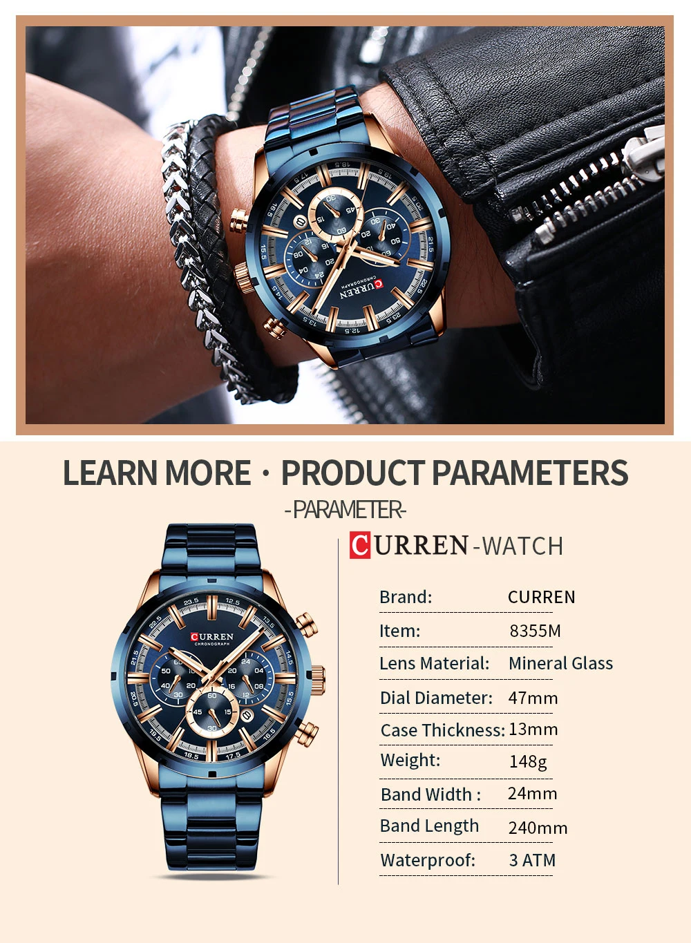 Новинка CURREN, модные мужские часы из нержавеющей стали, Топ бренд, роскошные спортивные кварцевые часы с хронографом, мужские часы