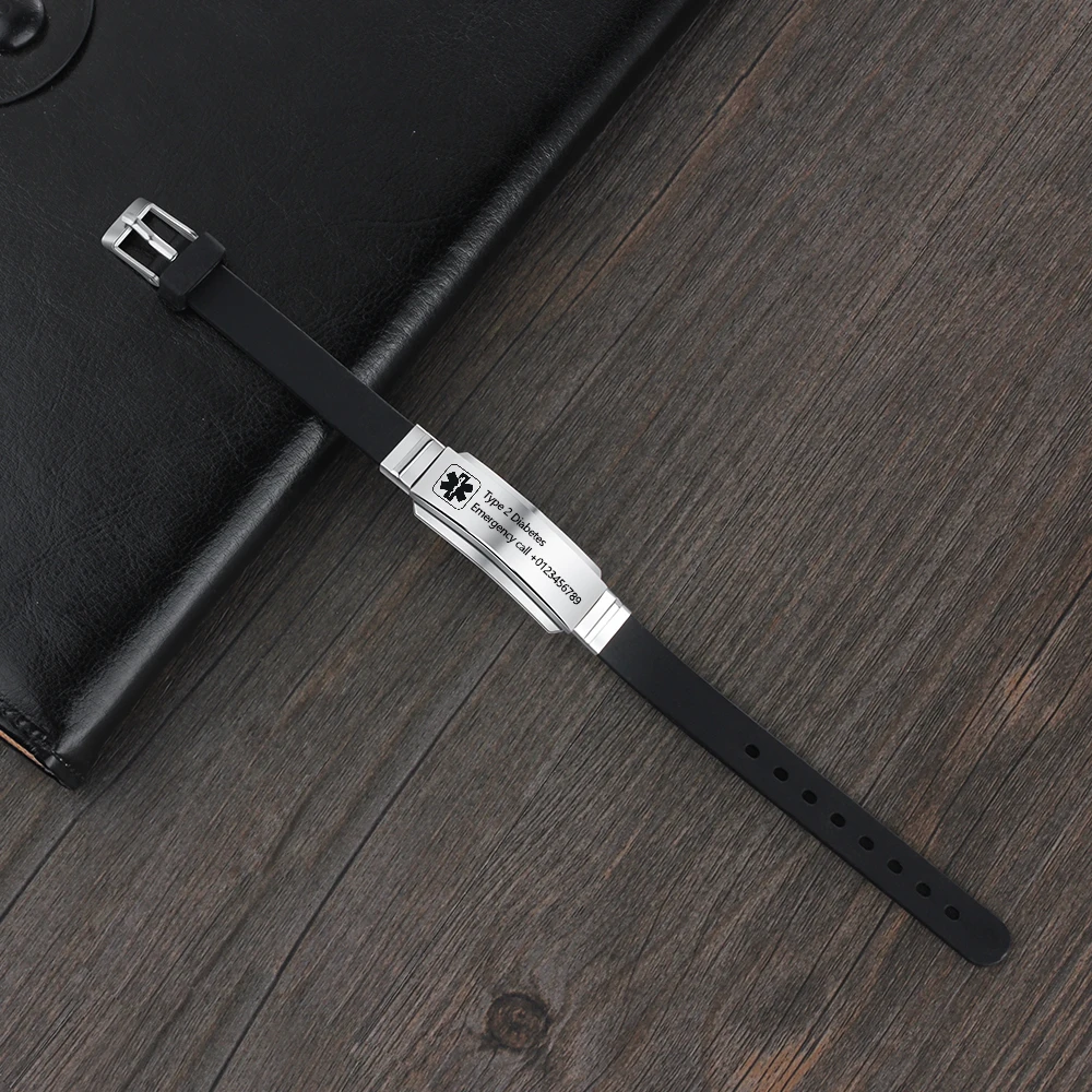 Customized Silicone Medical Alert ID Bracelet Waterproof Stainless Steel Adjustable Emergency Identification Bangle Wristband