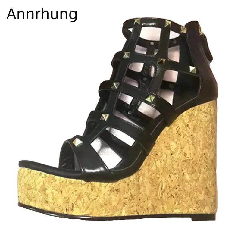 

New Net Hollow Gladiator Sandals Platform Wedges High Heels Women Chunky Platform Peep Toe Sandalias Rivet Summer Shoes Heels