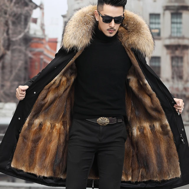 Manteau en Fourrure group pour Homme, Veste d'Hiver, Doublure en Vison,  Parka et Combinaison, Fourrure Naturelle, Col en Fourrure de Renard,  Poignées Amovibles - AliExpress