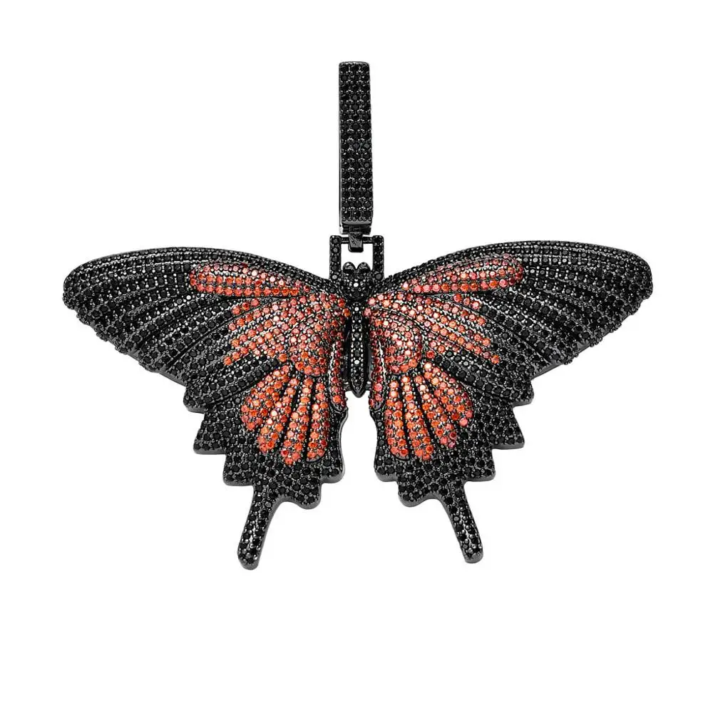 Orange Black Хип-хоп циркон большая бабочка кулон микро-инкрустированный циркон Цвет Бабочка синяя черная бабочка кулон - Окраска металла: Orange Black