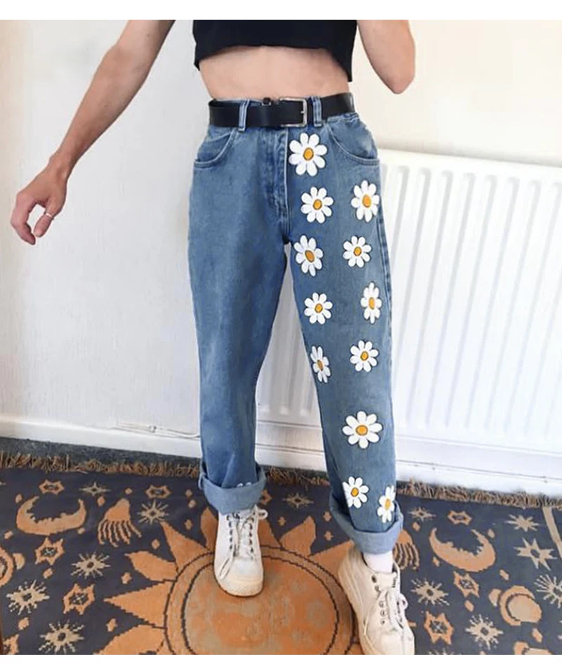 Woman High Waisted Vintage Daisies Printed Denim Pants JKP4292