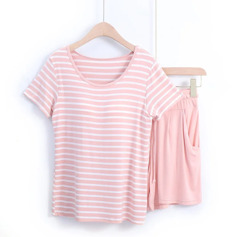 Modaler gestreifter Pyjama für Damen mit Körbchen, zweiteiliges Set, Sommer-Pyjama für Erwachsene, feminino, Kleidung 2025, Nachtwäsche-Pyjama – Detail 12