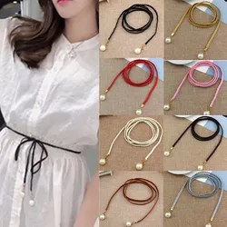 8 Colors Women Belt Pearl Weaving Narrow PU Leather Thin Waistband Strap